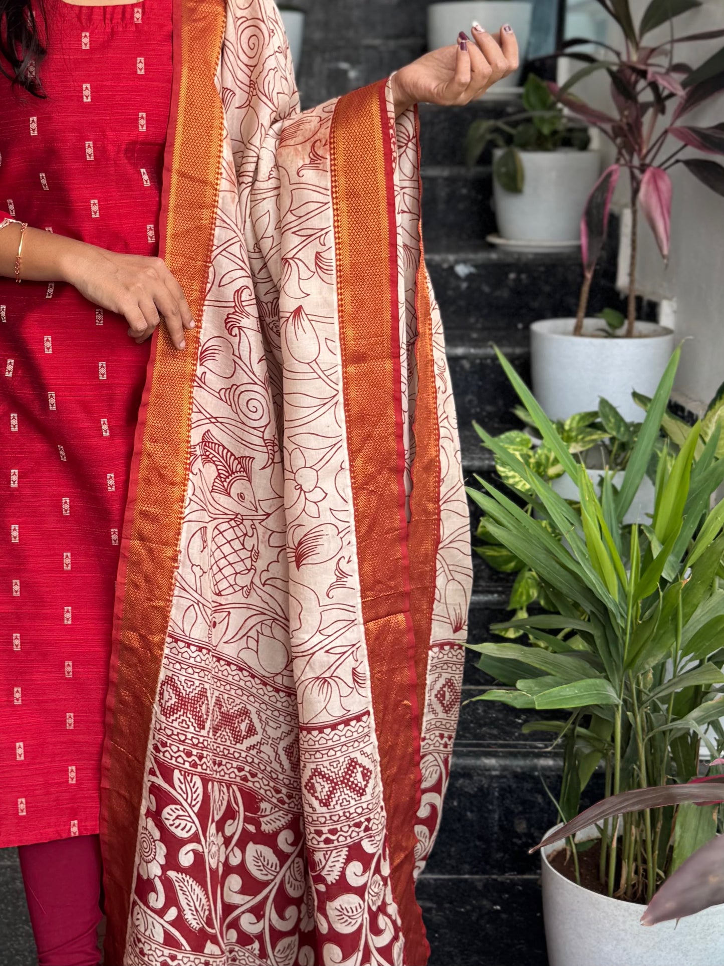 Red Raw Silk Kurti Set with Nellore Silk Kalamkari Dupatta – 2-Piece Set