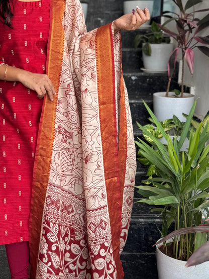 Red Raw Silk Kurti Set with Nellore Silk Kalamkari Dupatta – 2-Piece Set