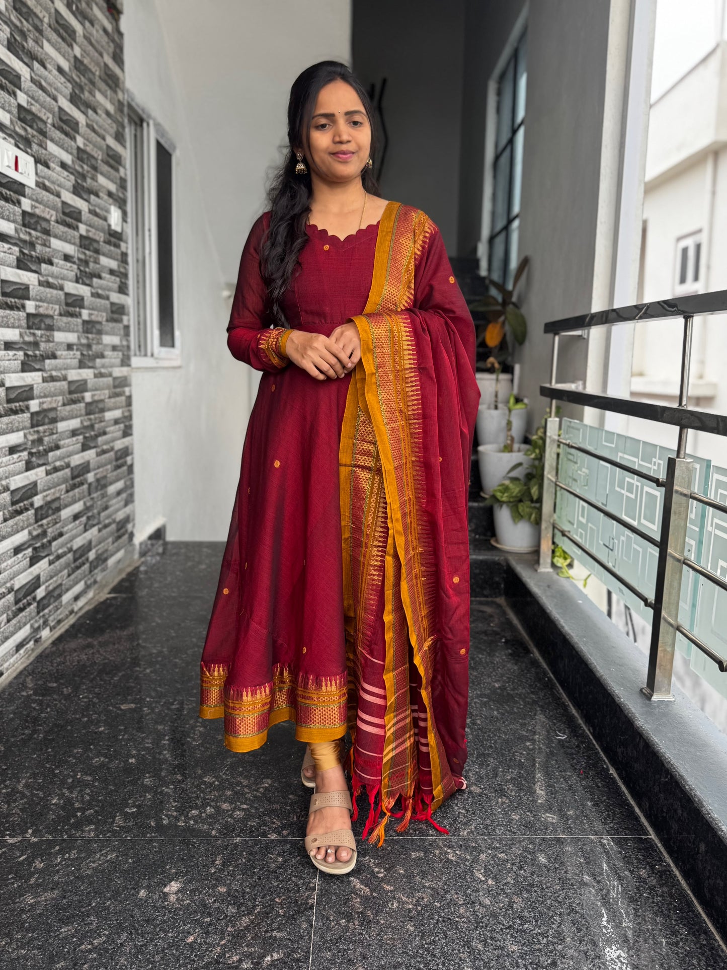 Wine Maroon Narayanpet Anarkali 2-Piece Set