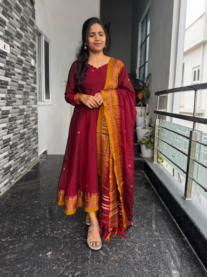 Wine Maroon Narayanpet Anarkali 2-Piece Set