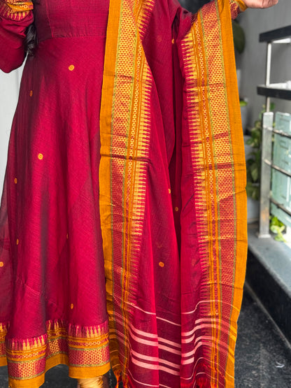 Wine Maroon Narayanpet Anarkali 2-Piece Set