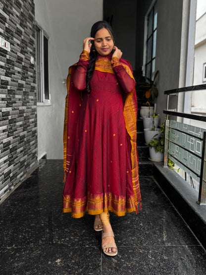 Wine Maroon Narayanpet Anarkali 2-Piece Set