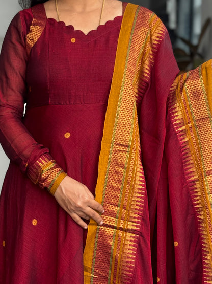 Wine Maroon Narayanpet Anarkali 2-Piece Set