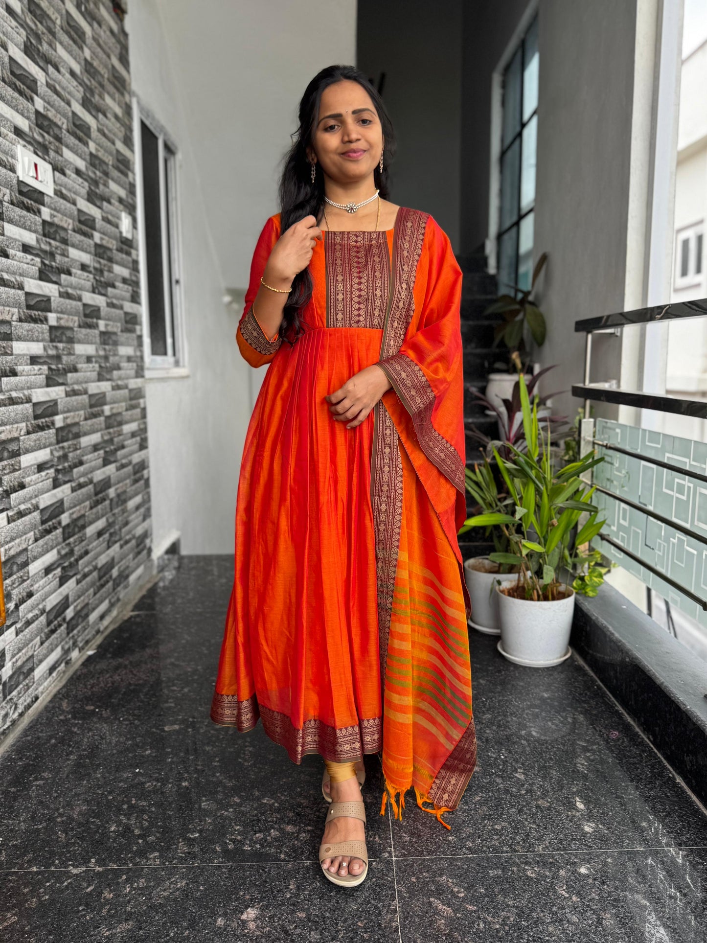 Orange Narayanpet Anarkali 2-Piece Set