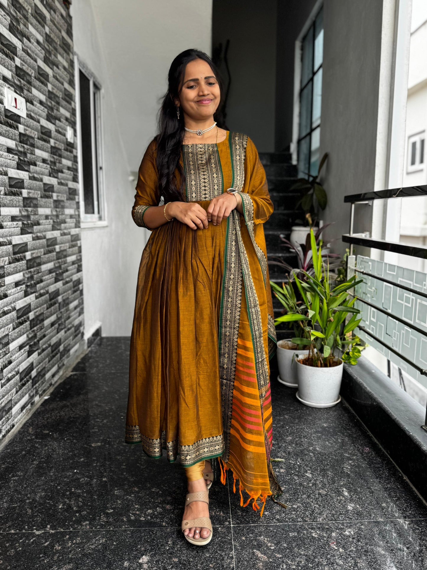 Mustard Gold Narayanpet Anarkali 2-Piece Set