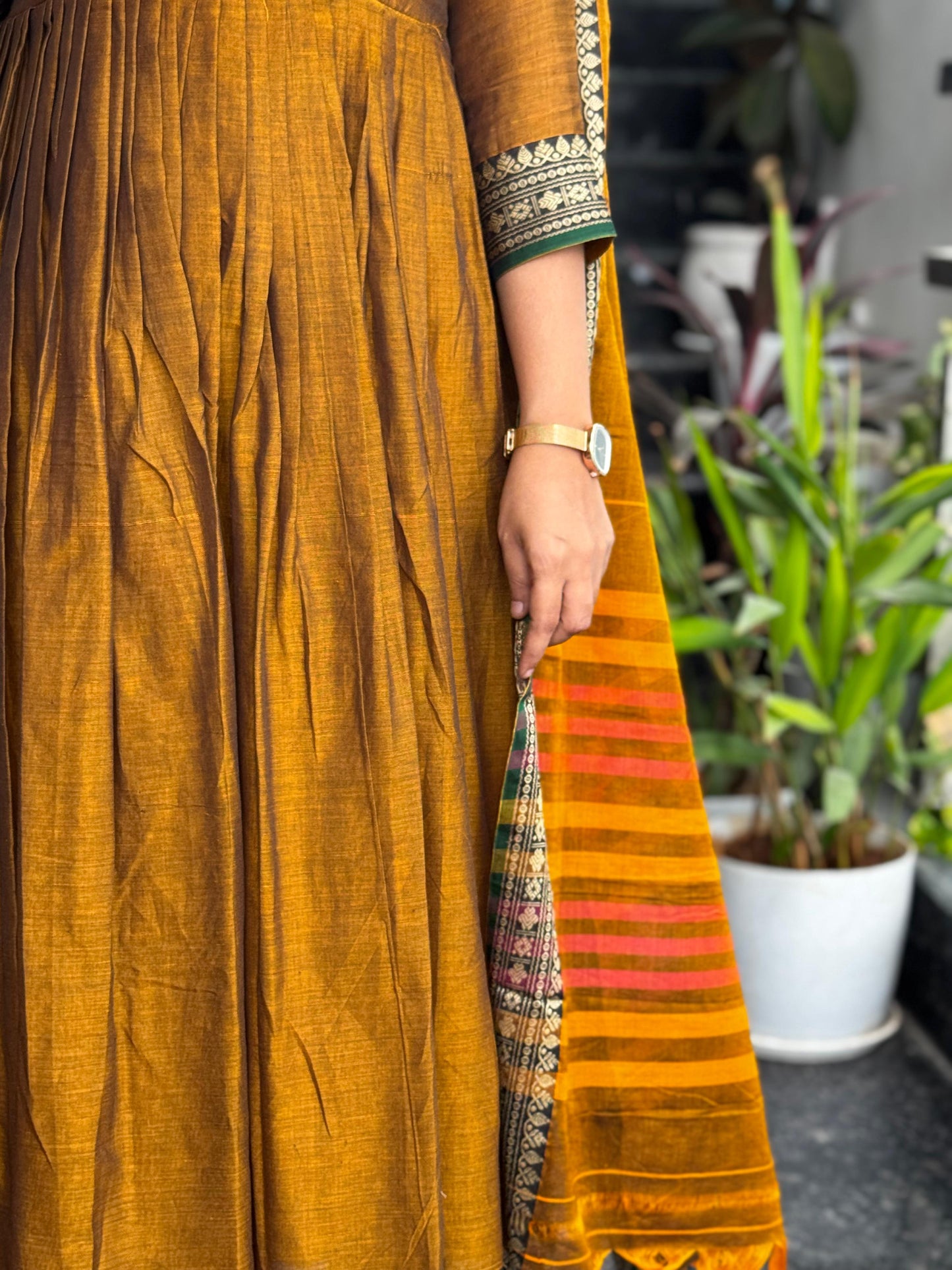 Mustard Gold Narayanpet Anarkali 2-Piece Set