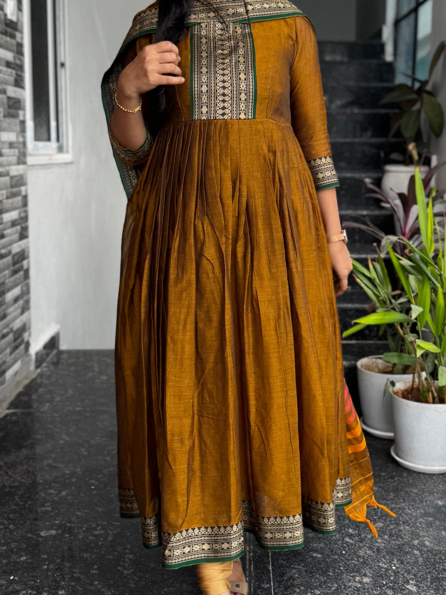 Mustard Gold Narayanpet Anarkali 2-Piece Set