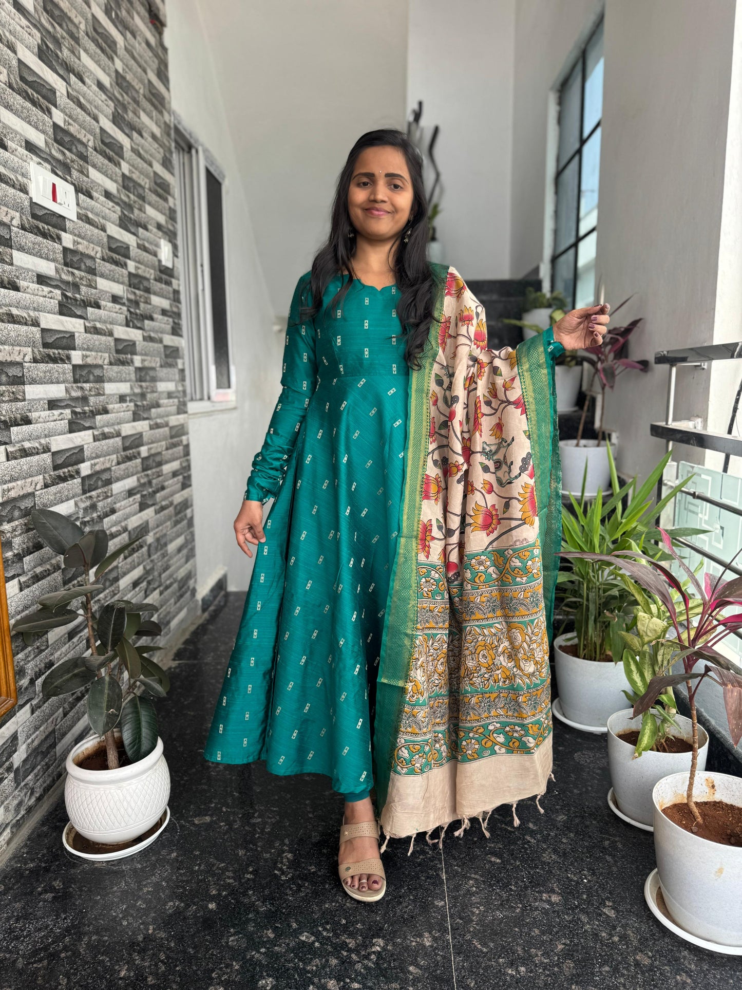 Teal Green Raw Silk Anarkali with Kalamkari Dupatta – 2-Piece Set