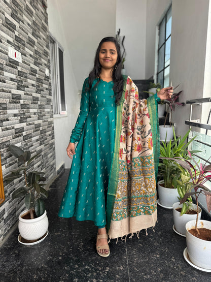 Teal Green Raw Silk Anarkali with Kalamkari Dupatta – 2-Piece Set