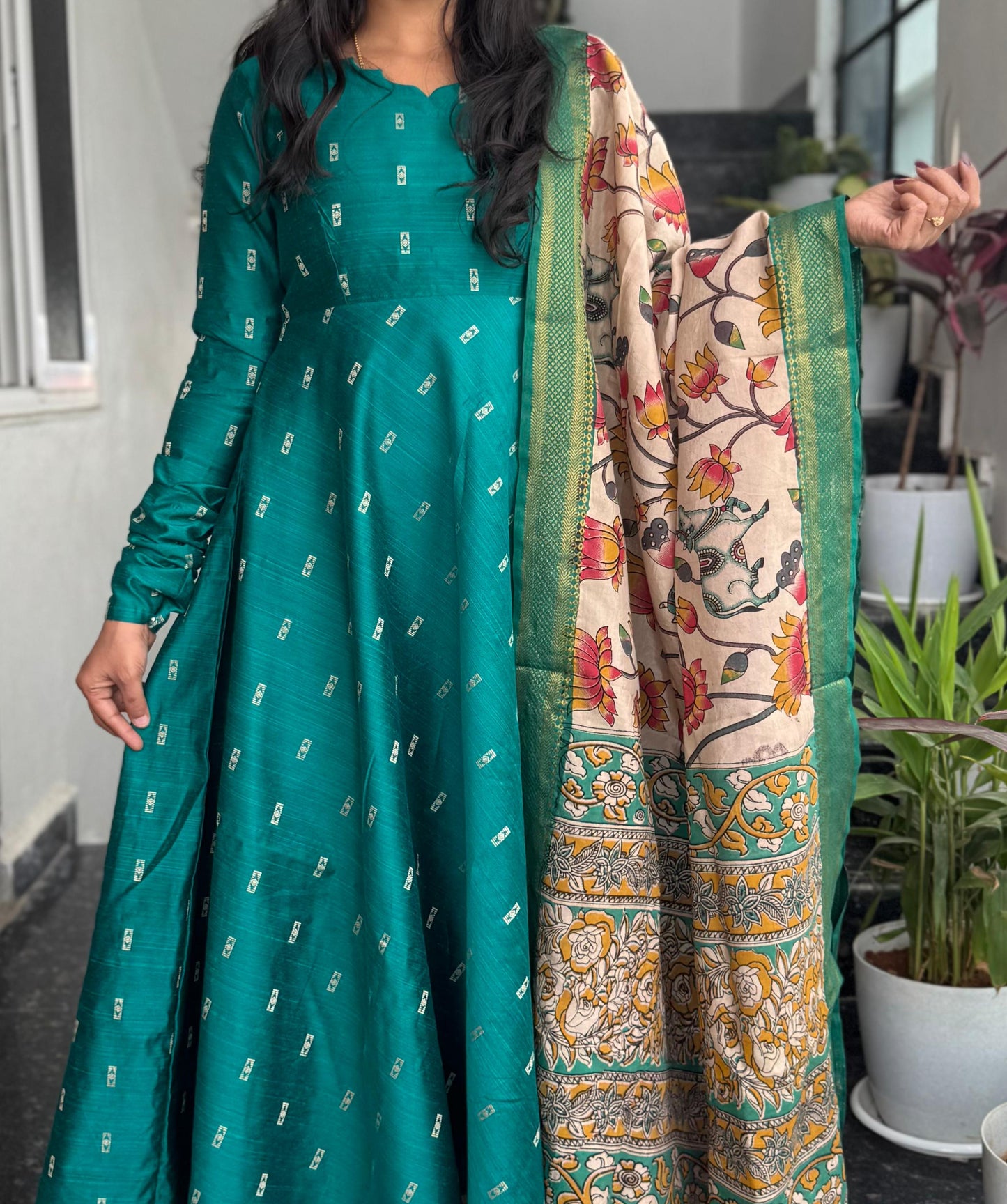 Teal Green Raw Silk Anarkali with Kalamkari Dupatta – 2-Piece Set