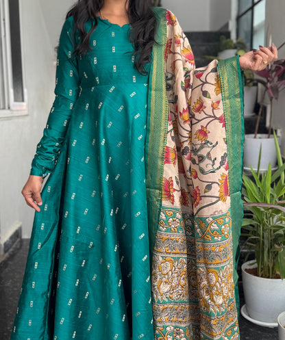 Teal Green Raw Silk Anarkali with Kalamkari Dupatta – 2-Piece Set