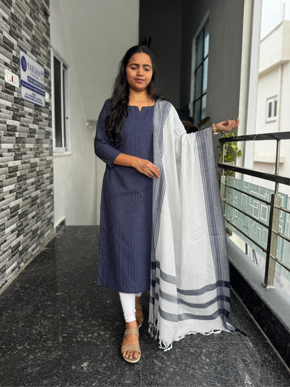 Navy Blue South Cotton 2-Piece Kurti Set