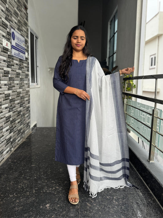 Navy Blue South Cotton 2-Piece Kurti Set