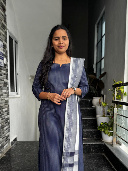 Navy Blue South Cotton 2-Piece Kurti Set