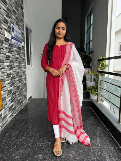 Red South Cotton 2-Piece Kurti Set