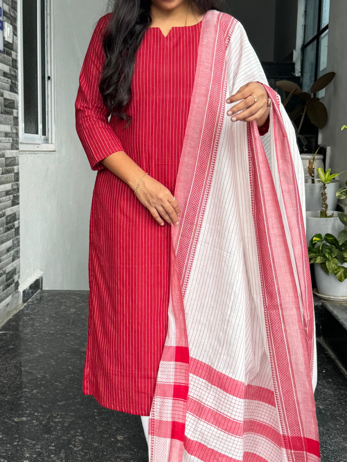 Red South Cotton 2-Piece Kurti Set