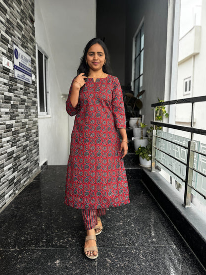 Maroon Ajrak Cotton Co-Ord Set for Women