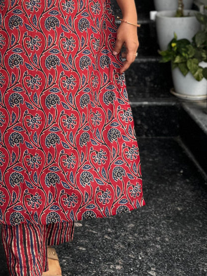Maroon Ajrak Cotton Co-Ord Set for Women