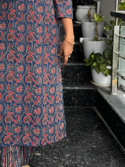 Navy Blue Ajrak Cotton Co-Ord Set for Women