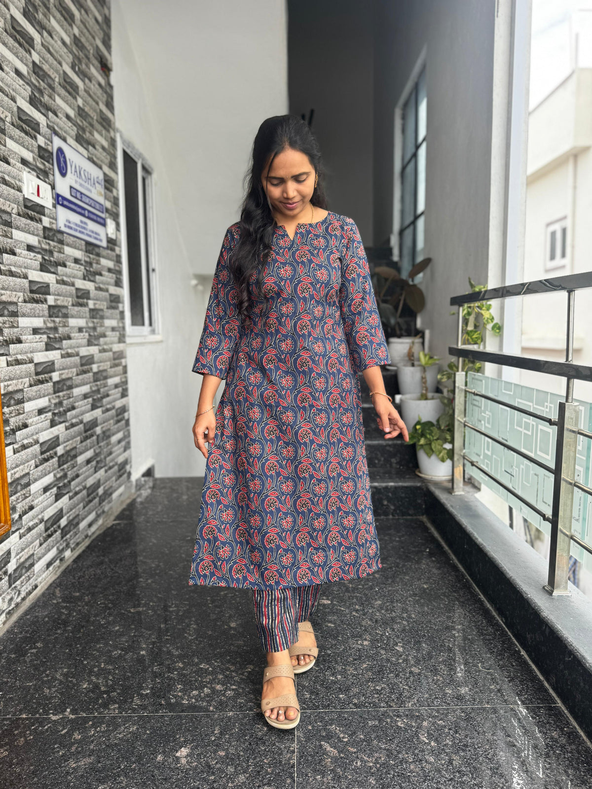 Navy Blue Ajrak Cotton Co-Ord Set for Women