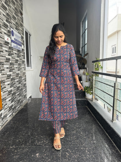Navy Blue Ajrak Cotton Co-Ord Set for Women