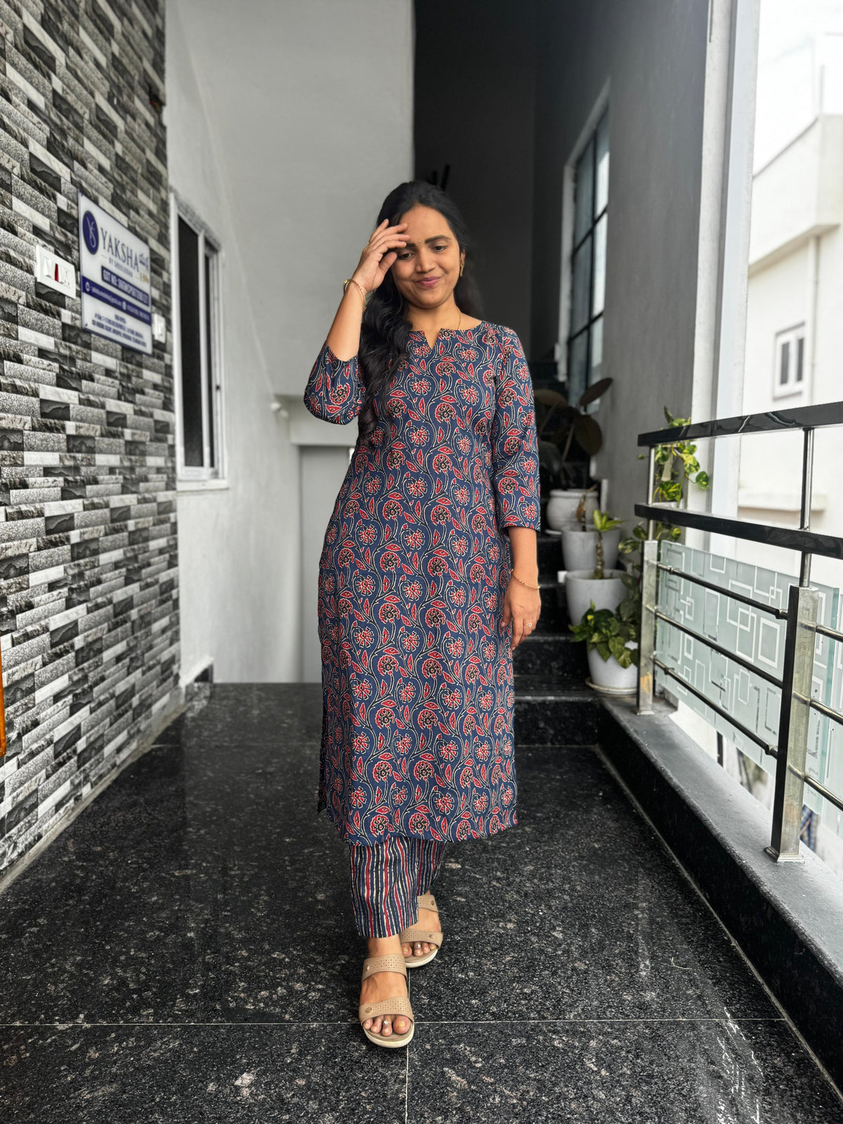 Navy Blue Ajrak Cotton Co-Ord Set for Women