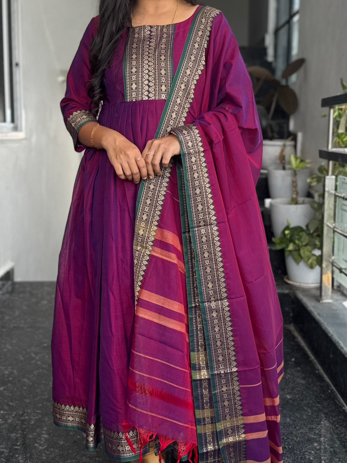 Magenta Narayanpet Anarkali 2-Piece Set
