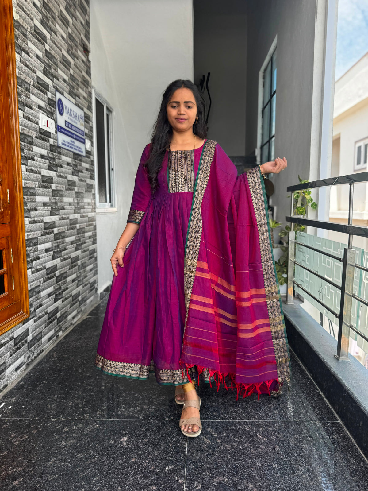 Magenta Narayanpet Anarkali 2-Piece Set