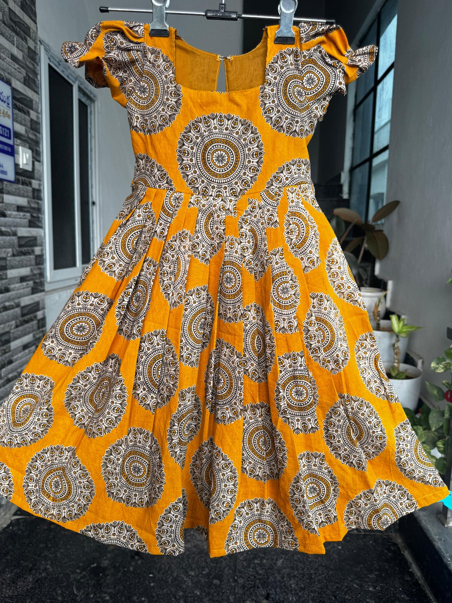 Mustard Yellow &amp; Cream Kalamkari Cotton Kids Wear