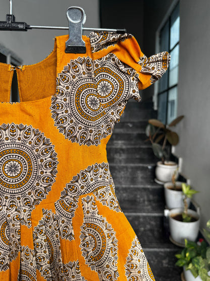 Mustard Yellow &amp; Cream Kalamkari Cotton Kids Wear