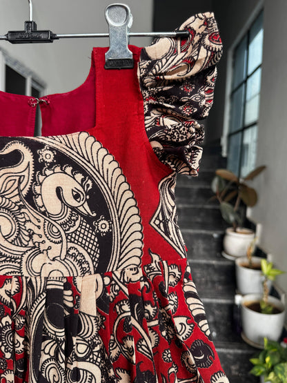 Red with Peacock Kalamkari Cotton Kids Wear –
