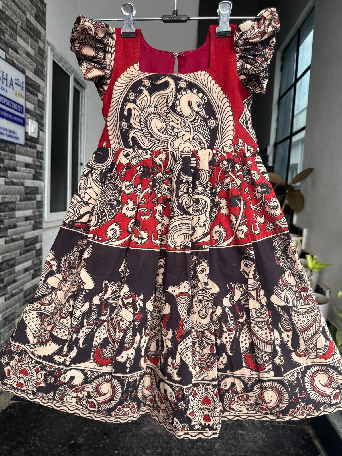 Red with Peacock Kalamkari Cotton Kids Wear –
