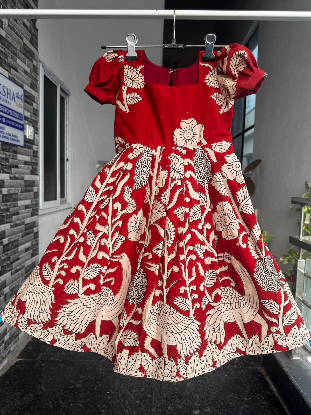 Red with Floral & Bird Print Kalamkari Cotton Kids Wear