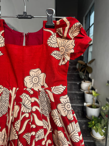 Red with Floral & Bird Print Kalamkari Cotton Kids Wear