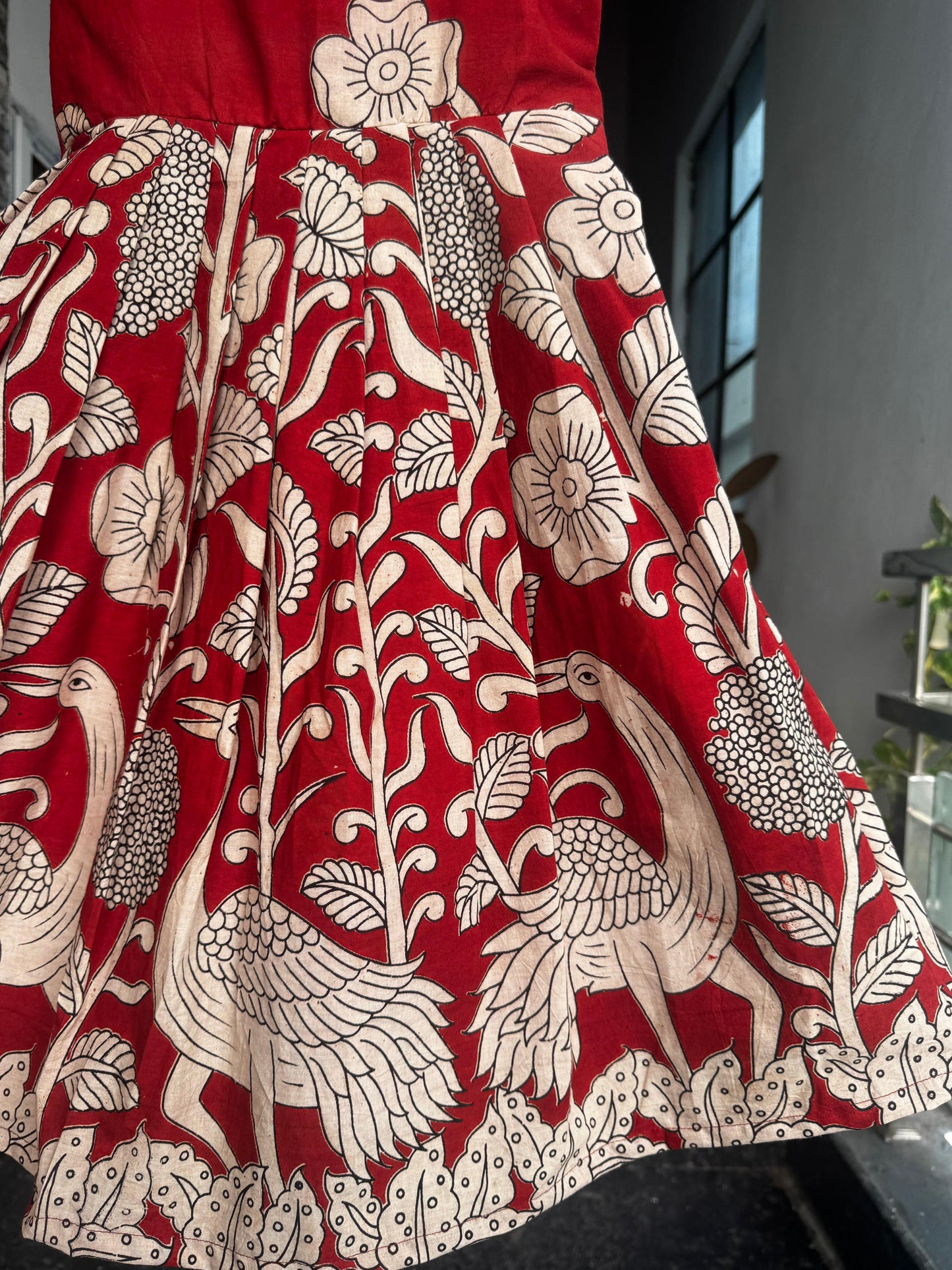 Red with Floral & Bird Print Kalamkari Cotton Kids Wear