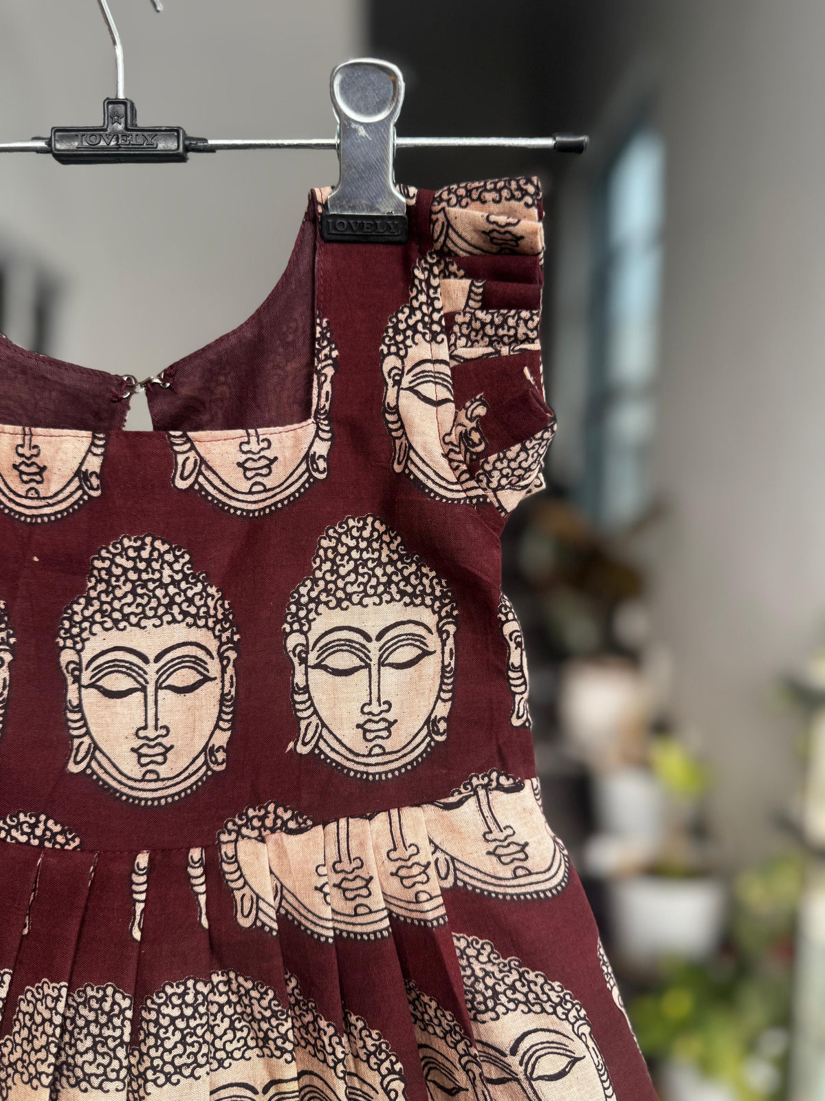 Dark Maroon & Beige Buddha Face Print Kalamkari Cotton Kids Wear