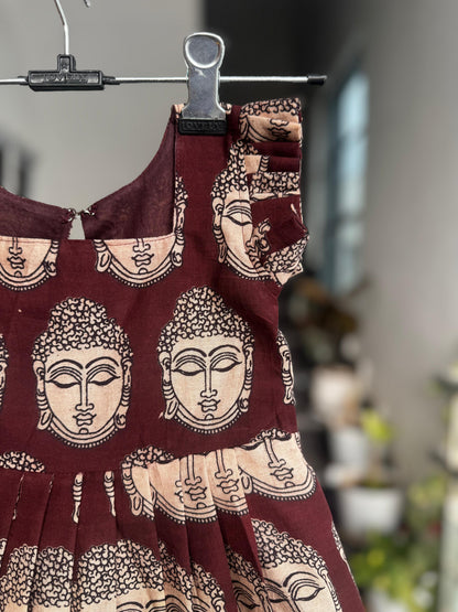 Dark Maroon & Beige Buddha Face Print Kalamkari Cotton Kids Wear