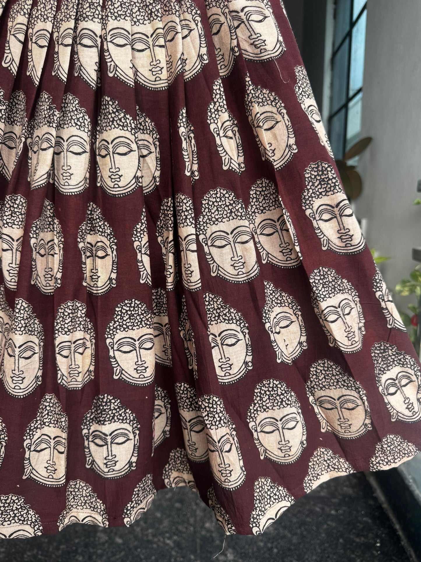 Dark Maroon & Beige Buddha Face Print Kalamkari Cotton Kids Wear