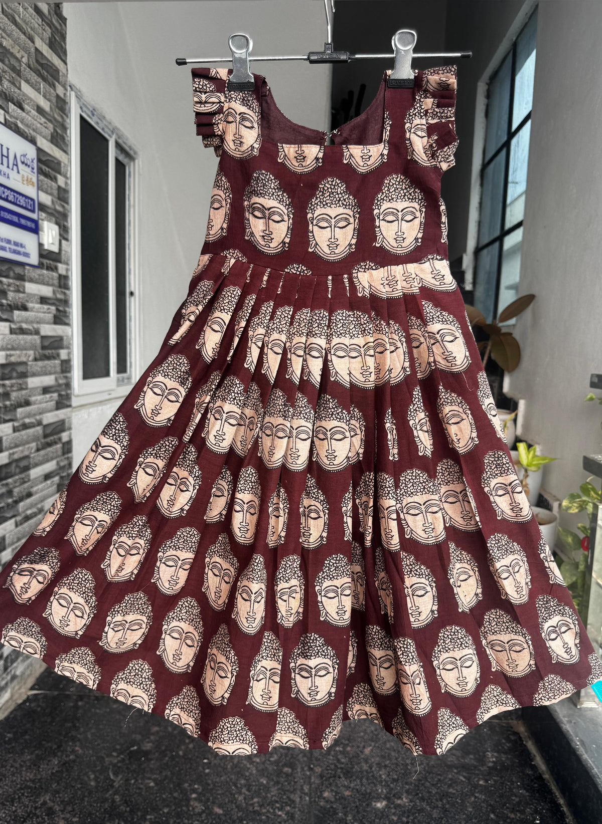 Dark Maroon & Beige Buddha Face Print Kalamkari Cotton Kids Wear