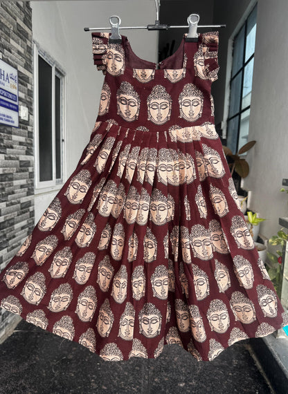 Dark Maroon & Beige Buddha Face Print Kalamkari Cotton Kids Wear