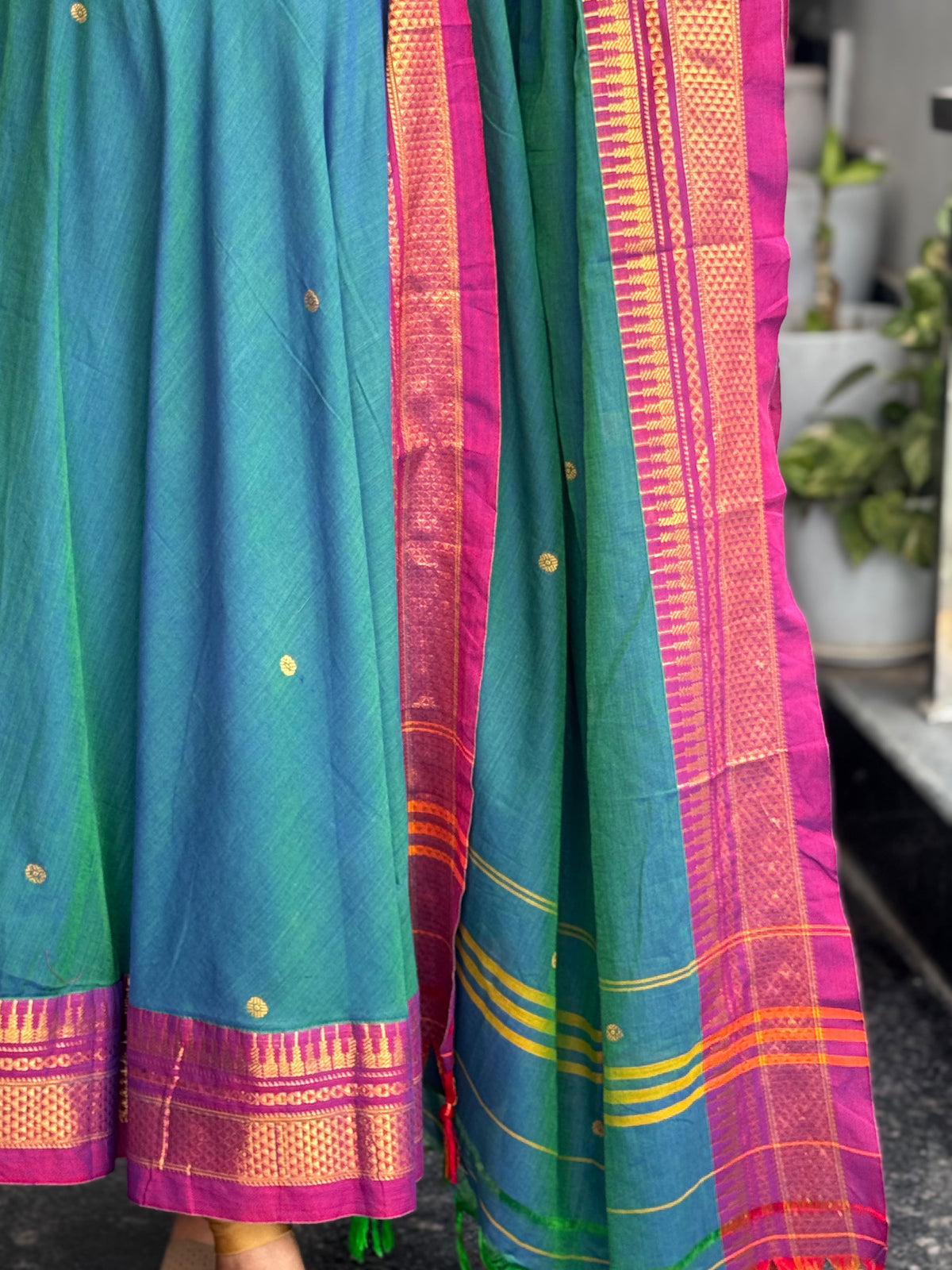 Teal Blue with Magenta Zari Border Narayanpet Cotton Anarkali 2-Piece Set