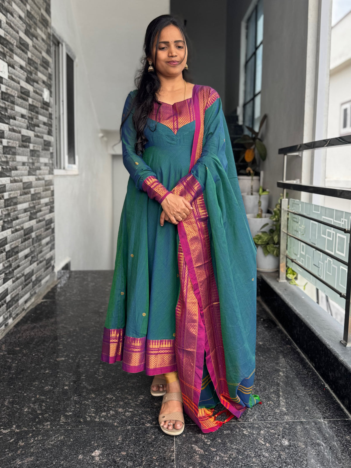 Teal Blue with Magenta Zari Border Narayanpet Cotton Anarkali 2-Piece Set