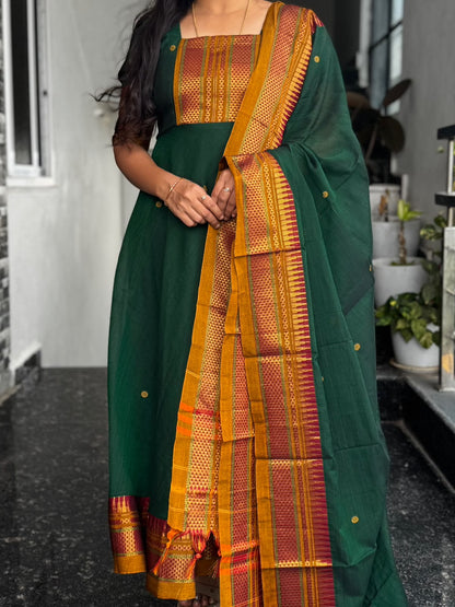 Green Narayanpet Cotton Anarkali 2-Piece Set – Mustard & Maroon Traditional Border