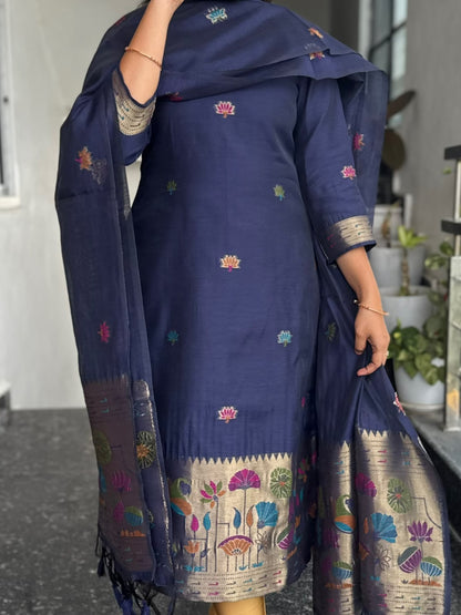 Navy Blue Jamdani 2-Piece Kurti Set – Floral & Traditional Woven Border