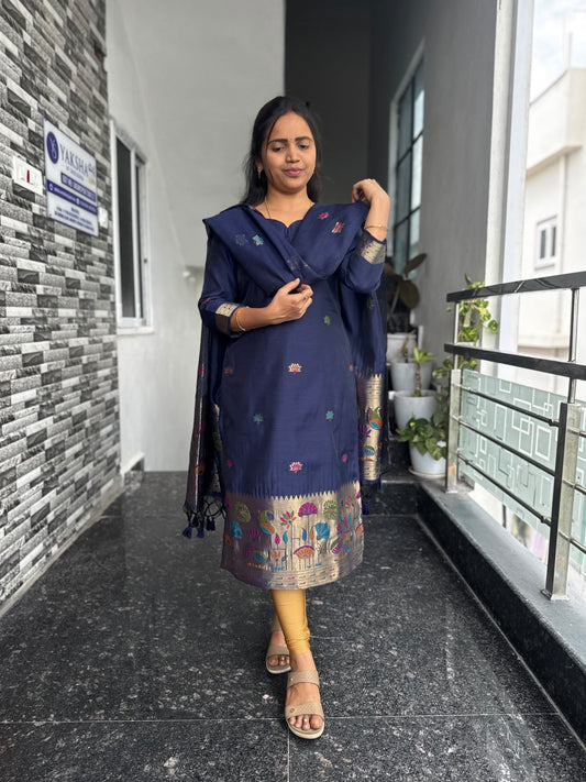 Navy Blue Jamdani 2-Piece Kurti Set – Floral & Traditional Woven Border