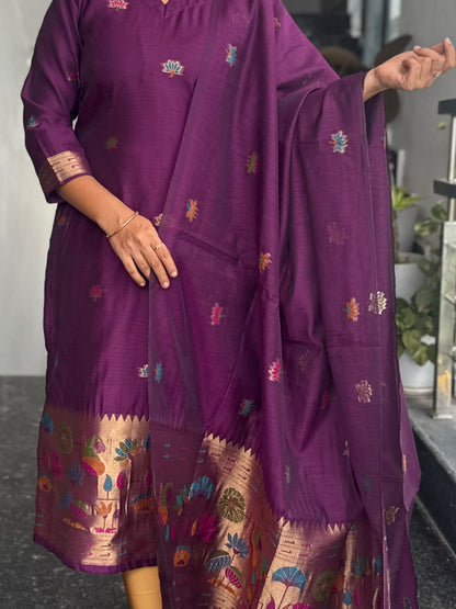 Purple Jamdani 2-Piece Kurti Set – Multicolour Floral & Traditional Woven Border