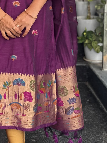 Purple Jamdani 2-Piece Kurti Set – Multicolour Floral & Traditional Woven Border