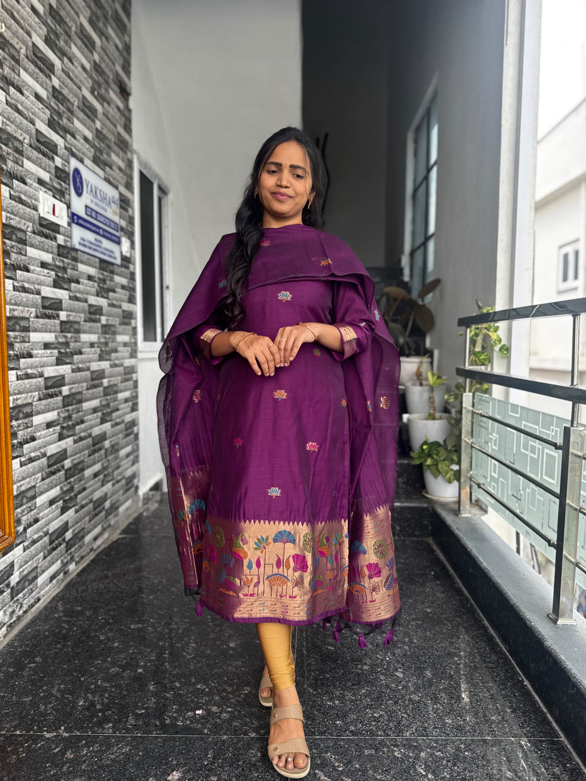 Purple Jamdani 2-Piece Kurti Set – Multicolour Floral & Traditional Woven Border