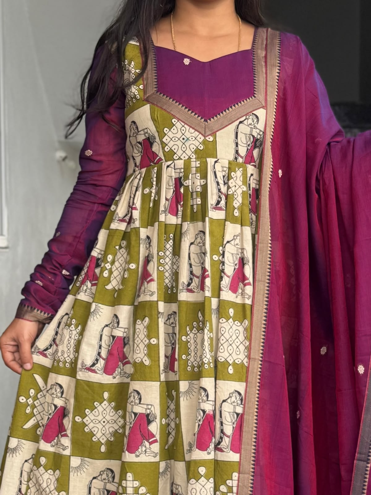 Magenta & Olive Green Kalamkari Anarkali 2-Piece Set