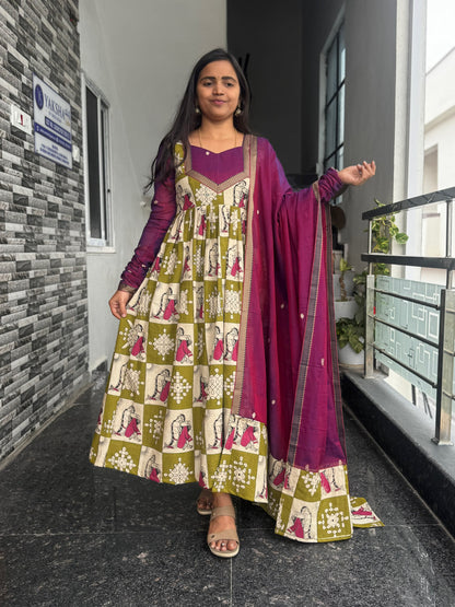 Magenta & Olive Green Kalamkari Anarkali 2-Piece Set